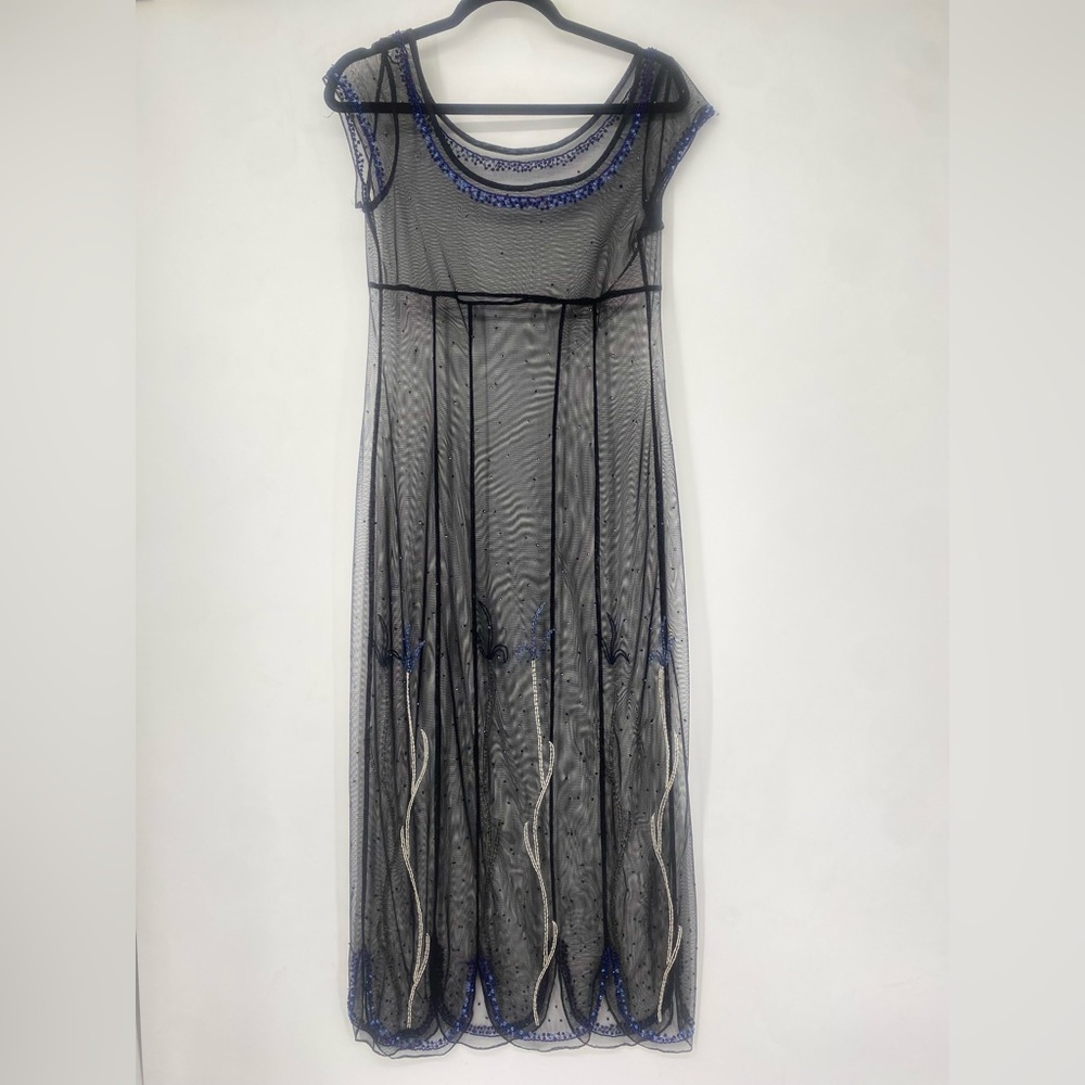 Vintage 60s Lace Embroidered Gems Slip Dress Maxi Disco Sheer Cocktail Party